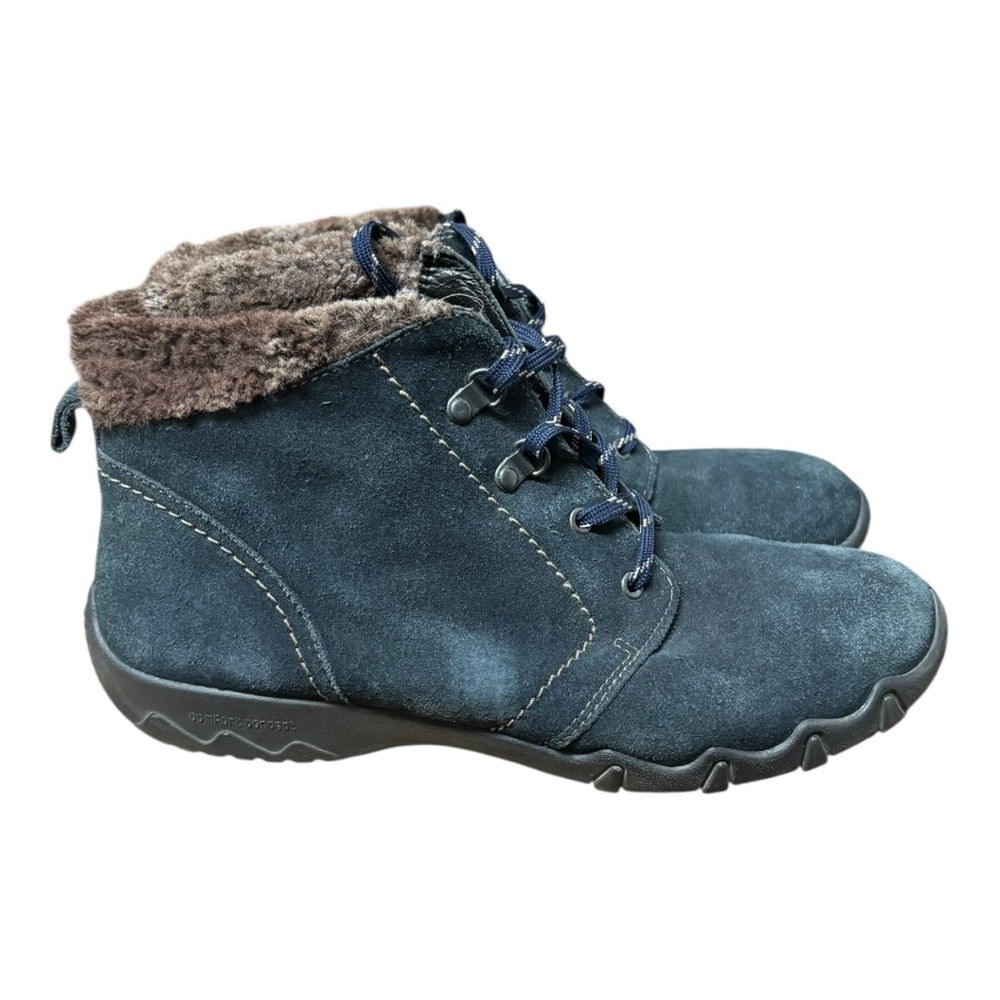Hotter Womens Size 10 Ruby-EXF Navy Blue Suede Faux Fur Trim Lace Up Ankle Boots